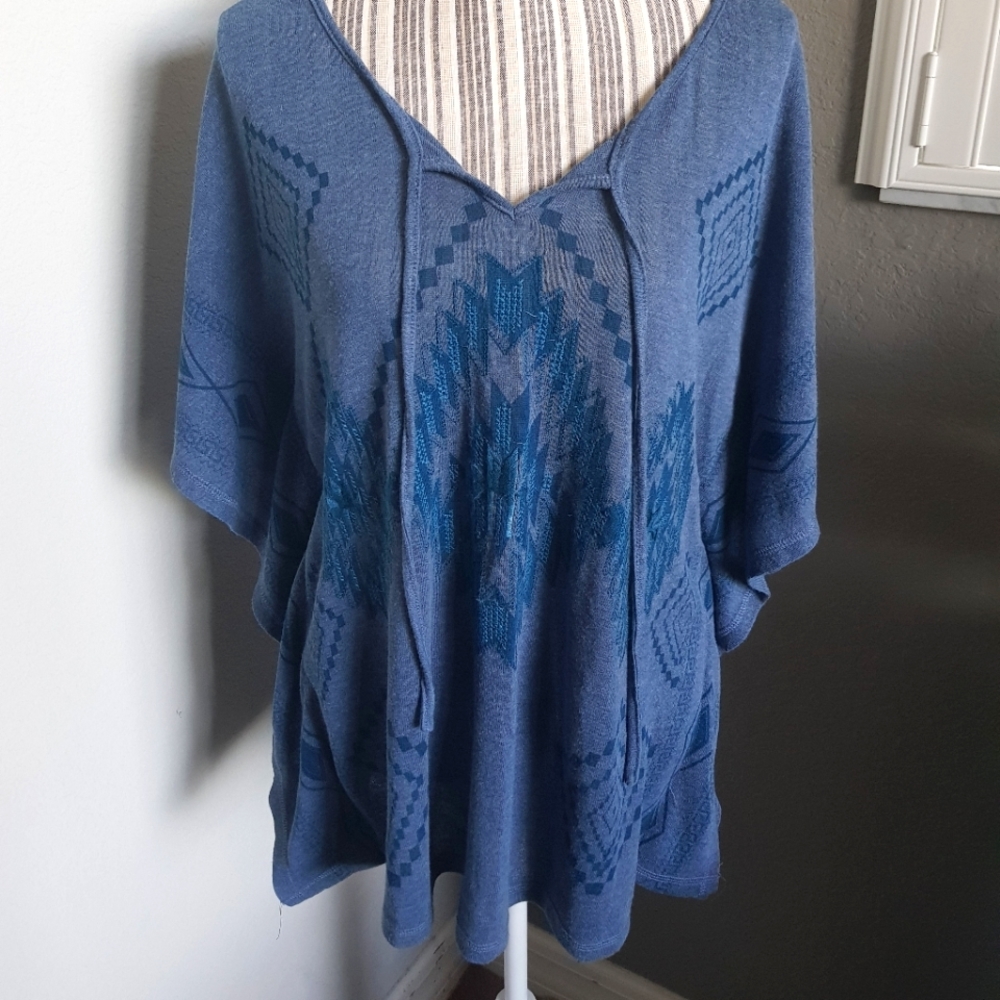 COPY - Dark blue atzec embroidered poncho top.